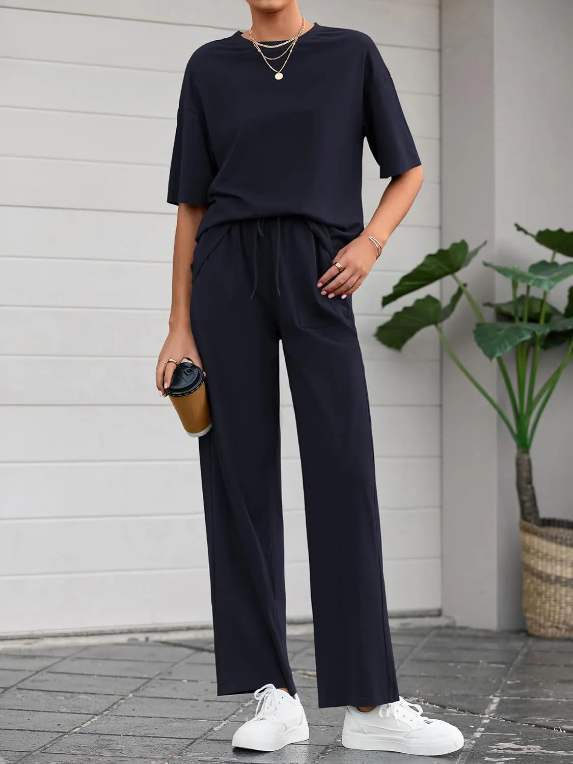 BTFBM 2 Piece Sets For Women Summer Short Sleeve Top Wide Leg Pants Casual Airport Travel Outfits Lounge Sets Tracksuits