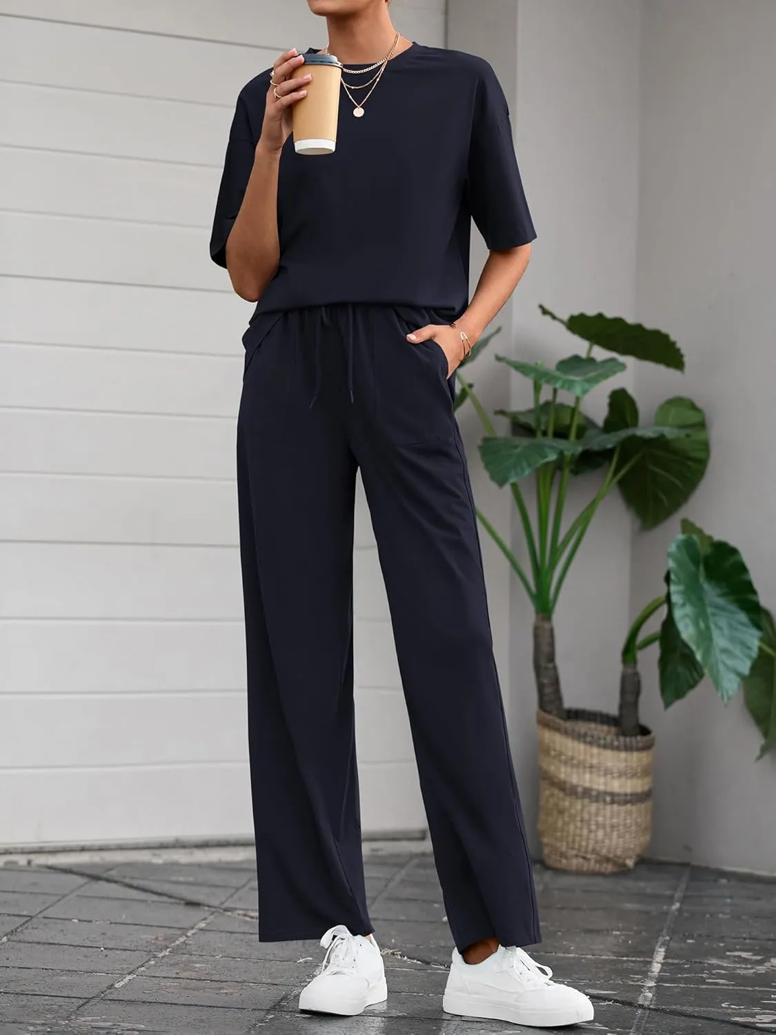 BTFBM 2 Piece Sets For Women Summer Short Sleeve Top Wide Leg Pants Casual Airport Travel Outfits Lounge Sets Tracksuits
