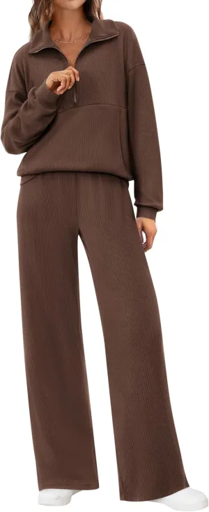 BTFBM Womens 2 Piece Sweatsuits Set Long Sleeve Half Zip Pullover Sweatshirt Wide Leg Sweatpants Fall Outfits Tracksuit