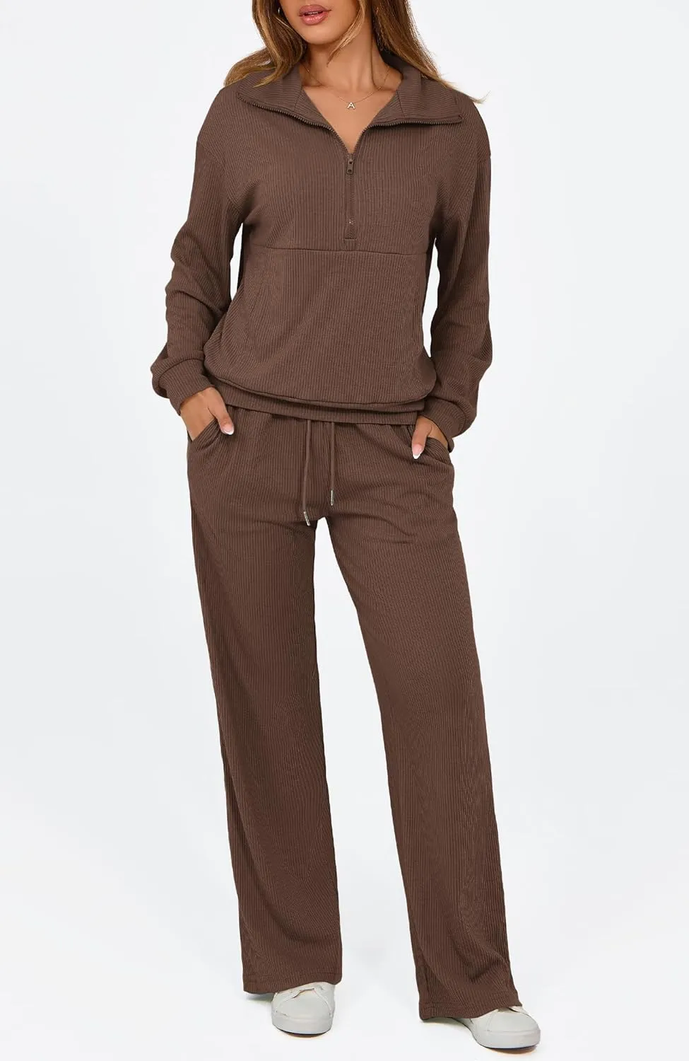 BTFBM Womens 2 Piece Sweatsuits Set Long Sleeve Half Zip Pullover Sweatshirt Wide Leg Sweatpants Fall Outfits Tracksuit
