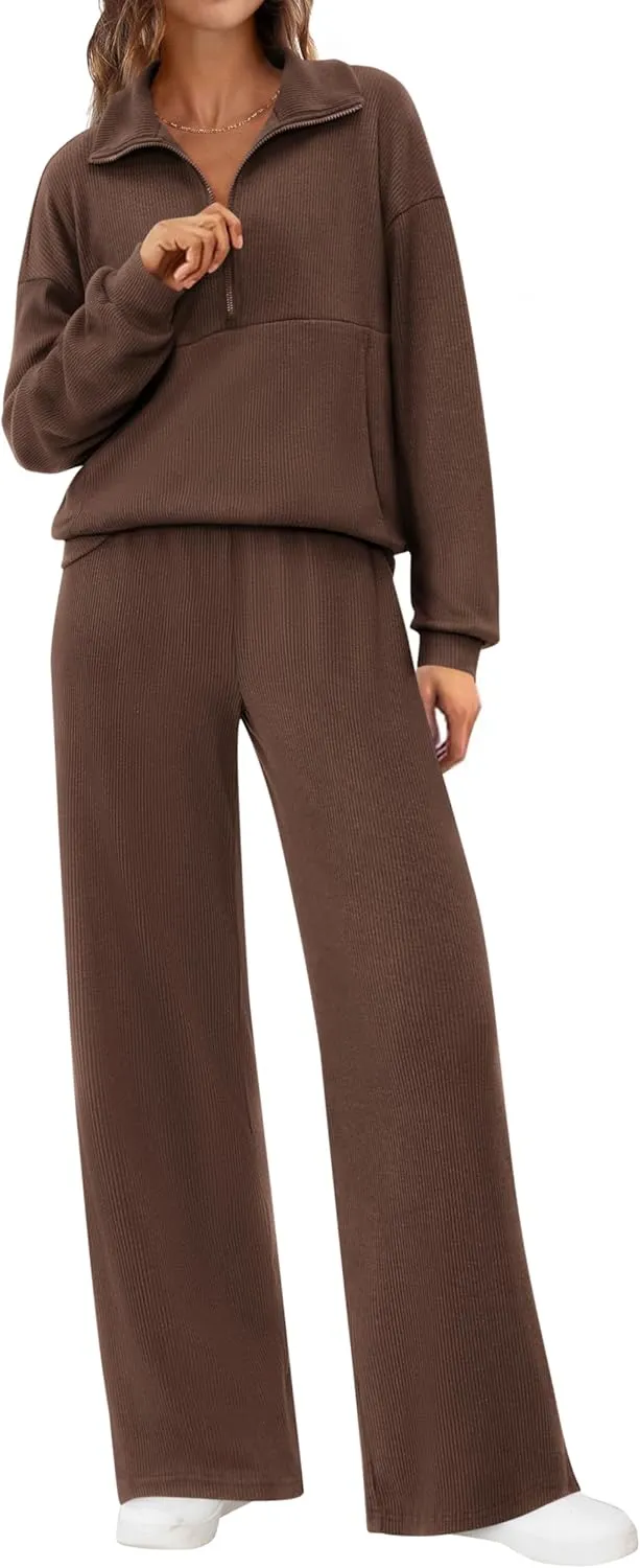 BTFBM Womens 2 Piece Sweatsuits Set Long Sleeve Half Zip Pullover Sweatshirt Wide Leg Sweatpants Fall Outfits Tracksuit