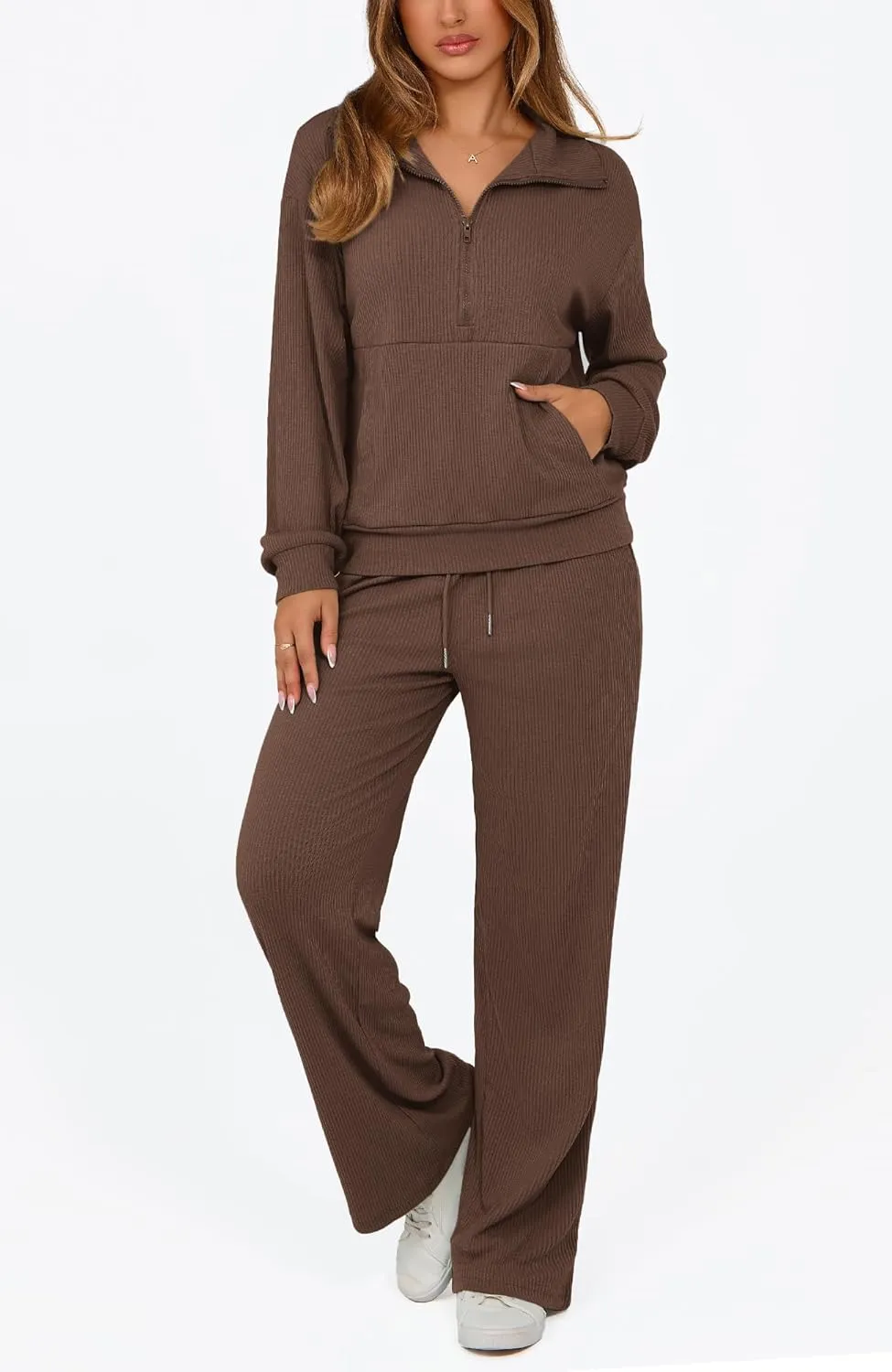 BTFBM Womens 2 Piece Sweatsuits Set Long Sleeve Half Zip Pullover Sweatshirt Wide Leg Sweatpants Fall Outfits Tracksuit