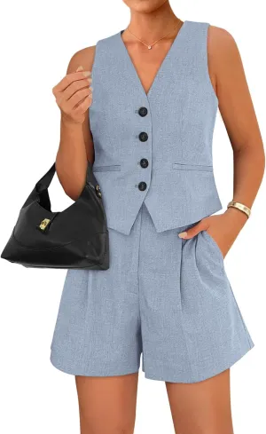 BTFBM Women's Blazer 2 Piece Outfits Summer 2025 Casual Business Clothes Sleeveless Button Down Vest Shorts Lounge Sets