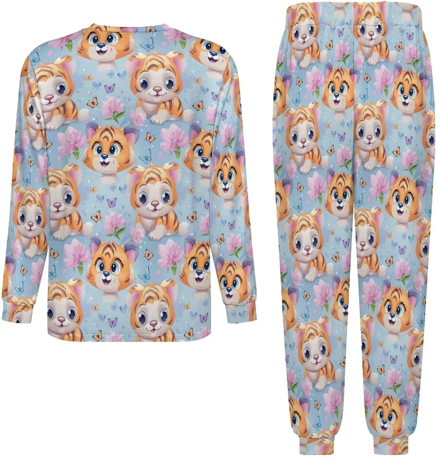 Butterfly & Tiger (1) Mens Pajamas Set Long Sleeve Sleepwear Set Soft Underwear Set Loungewear