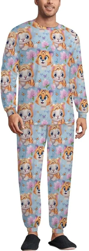 Butterfly & Tiger (1) Mens Pajamas Set Long Sleeve Sleepwear Set Soft Underwear Set Loungewear