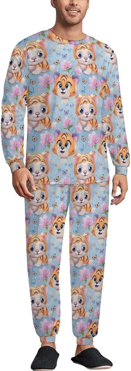 Butterfly & Tiger (1) Mens Pajamas Set Long Sleeve Sleepwear Set Soft Underwear Set Loungewear