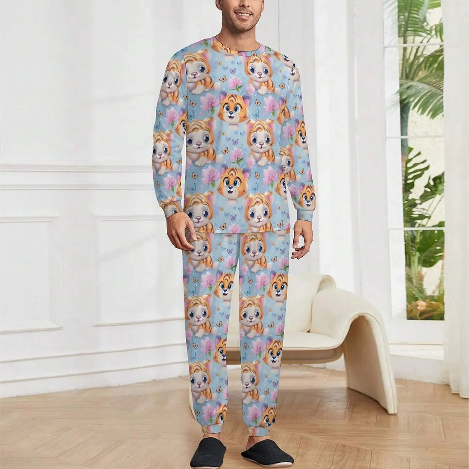 Butterfly & Tiger (1) Mens Pajamas Set Long Sleeve Sleepwear Set Soft Underwear Set Loungewear