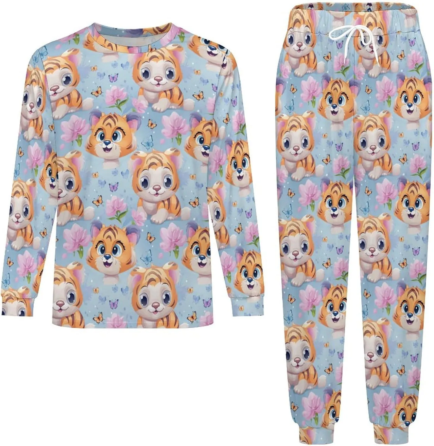 Butterfly & Tiger (1) Mens Pajamas Set Long Sleeve Sleepwear Set Soft Underwear Set Loungewear