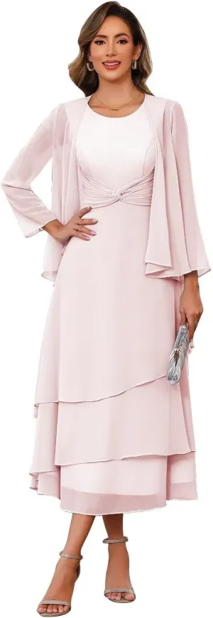 Chiffon Mother of The Bride Dresses Tea Length Chiffon Formal Dresses with Jackets A Line Cocktail Party Gowns XOD0405