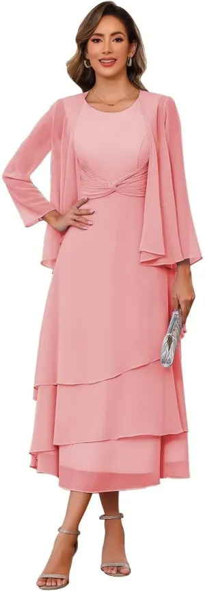 Chiffon Mother of The Bride Dresses Tea Length Chiffon Formal Dresses with Jackets A Line Cocktail Party Gowns XOD0405