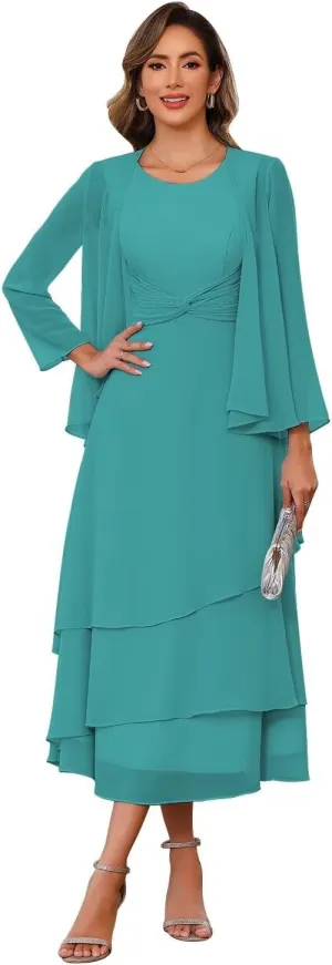 Chiffon Mother of The Bride Dresses Tea Length Chiffon Formal Dresses with Jackets A Line Cocktail Party Gowns XOD0405