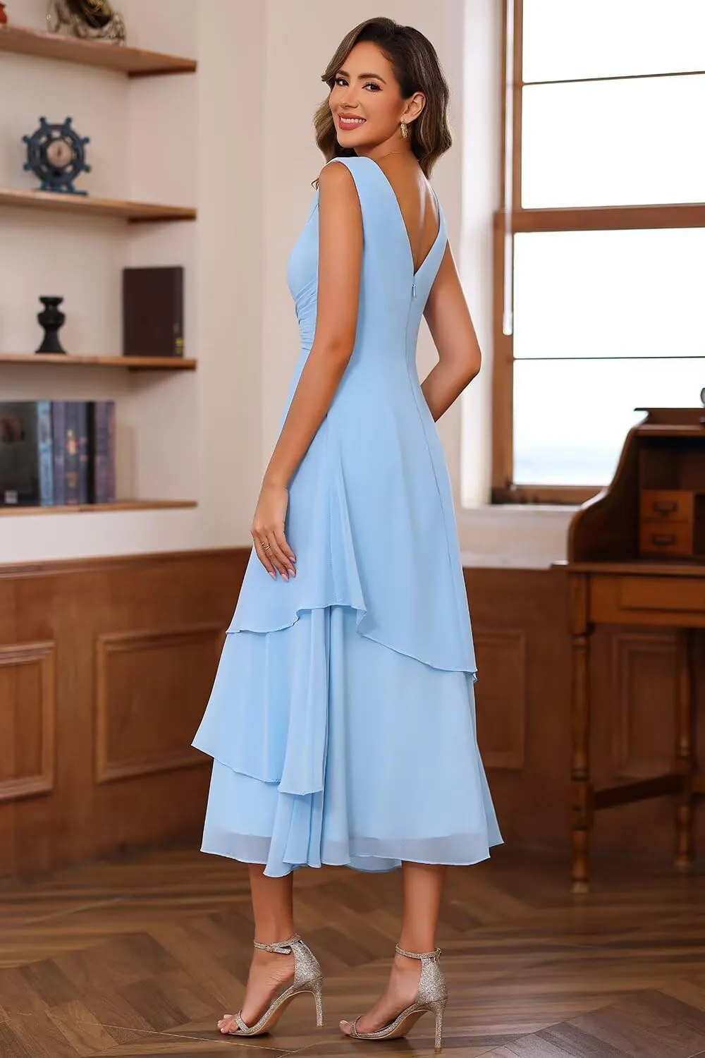 Chiffon Mother of The Bride Dresses Tea Length Chiffon Formal Dresses with Jackets A Line Cocktail Party Gowns XOD0405