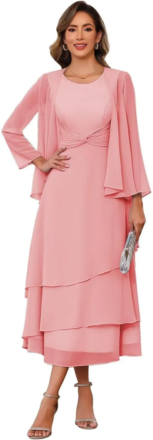 Chiffon Mother of The Bride Dresses Tea Length Chiffon Formal Dresses with Jackets A Line Cocktail Party Gowns XOD0405