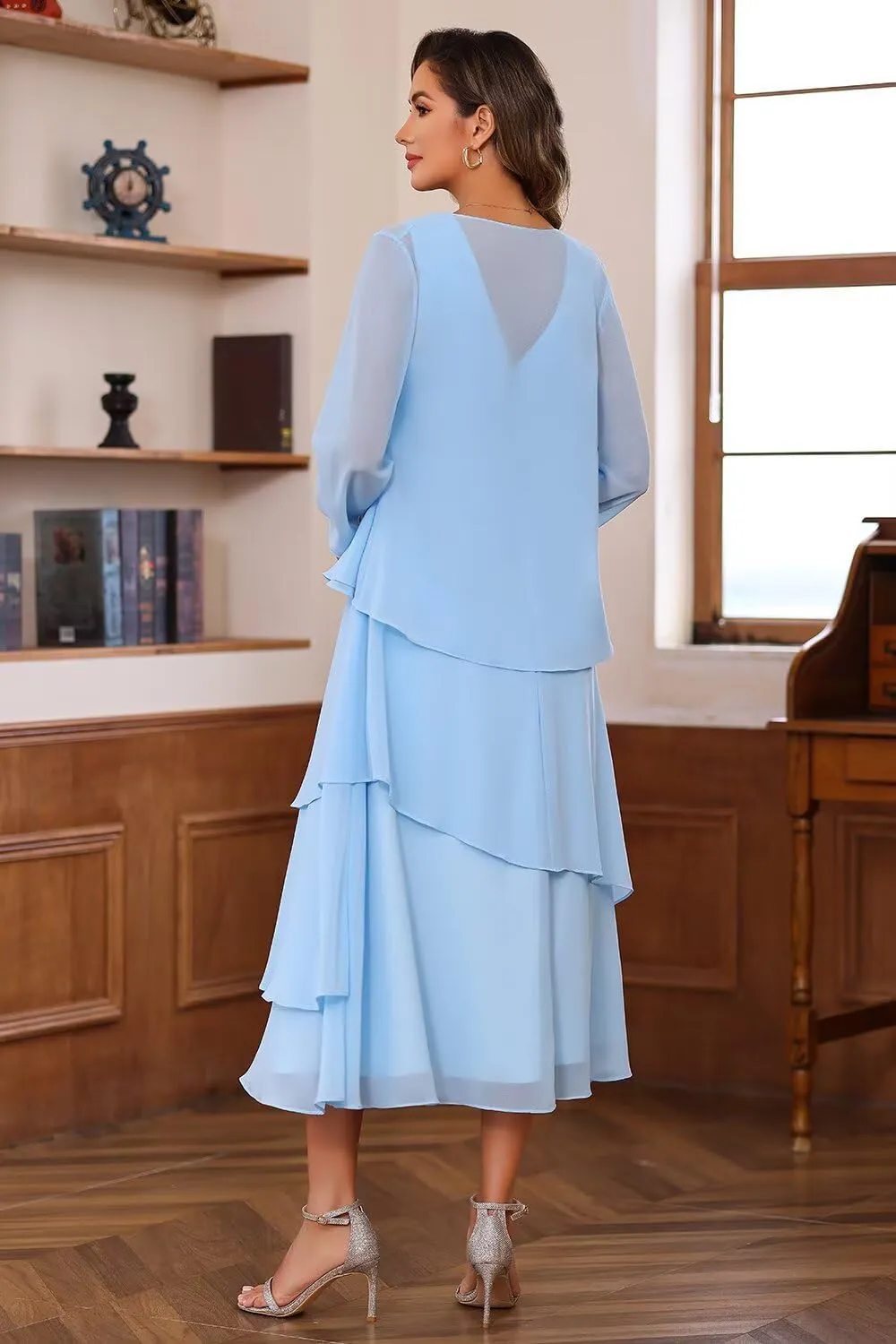 Chiffon Mother of The Bride Dresses Tea Length Chiffon Formal Dresses with Jackets A Line Cocktail Party Gowns XOD0405