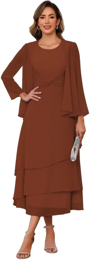 Chiffon Mother of The Bride Dresses Tea Length Chiffon Formal Dresses with Jackets A Line Cocktail Party Gowns XOD0405
