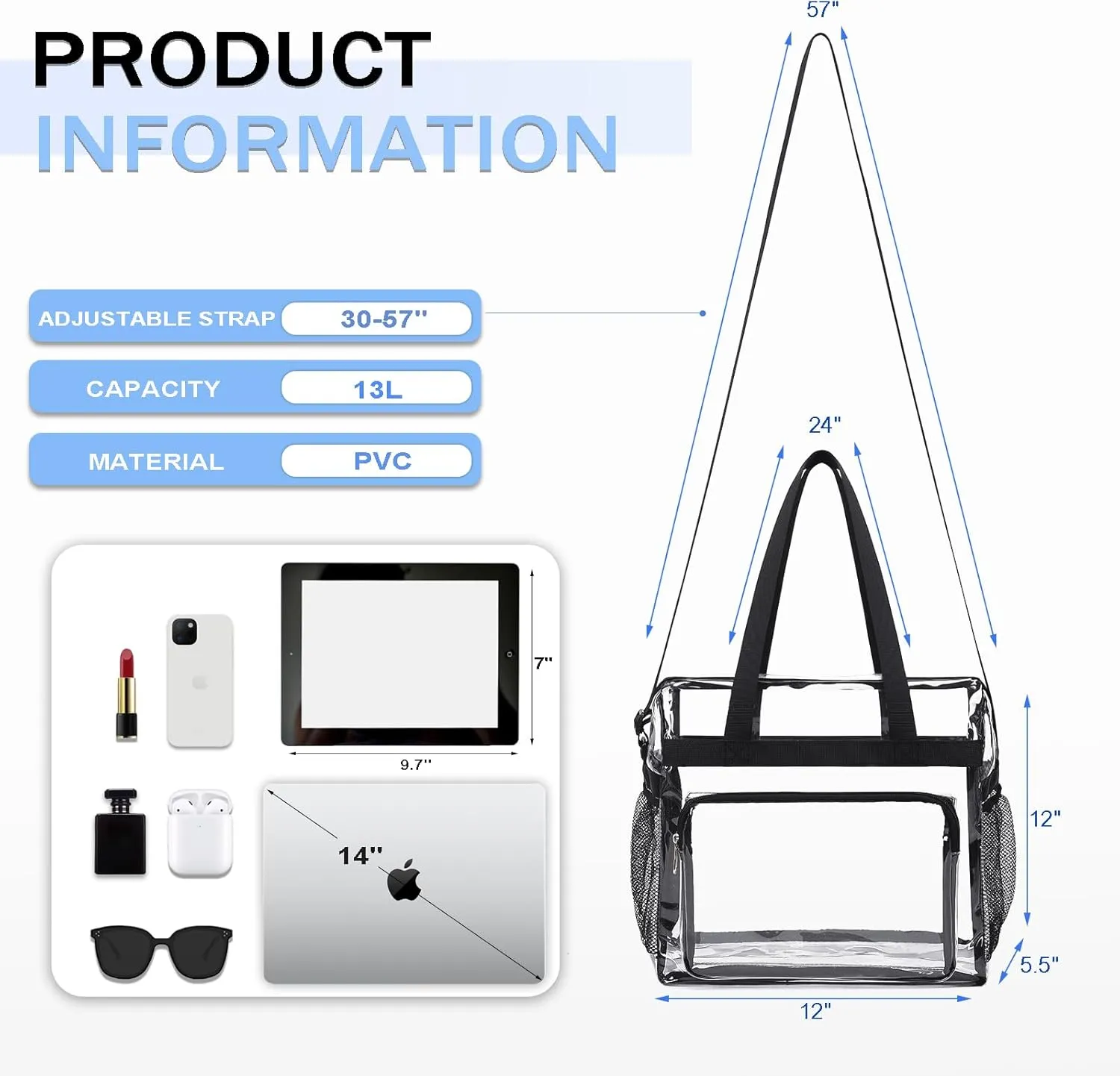 Clear Bag for Stadium Events 12 x6 x12 Clear Crossbody Tote Bag Stadium Approved with Adjustable Longer Strap