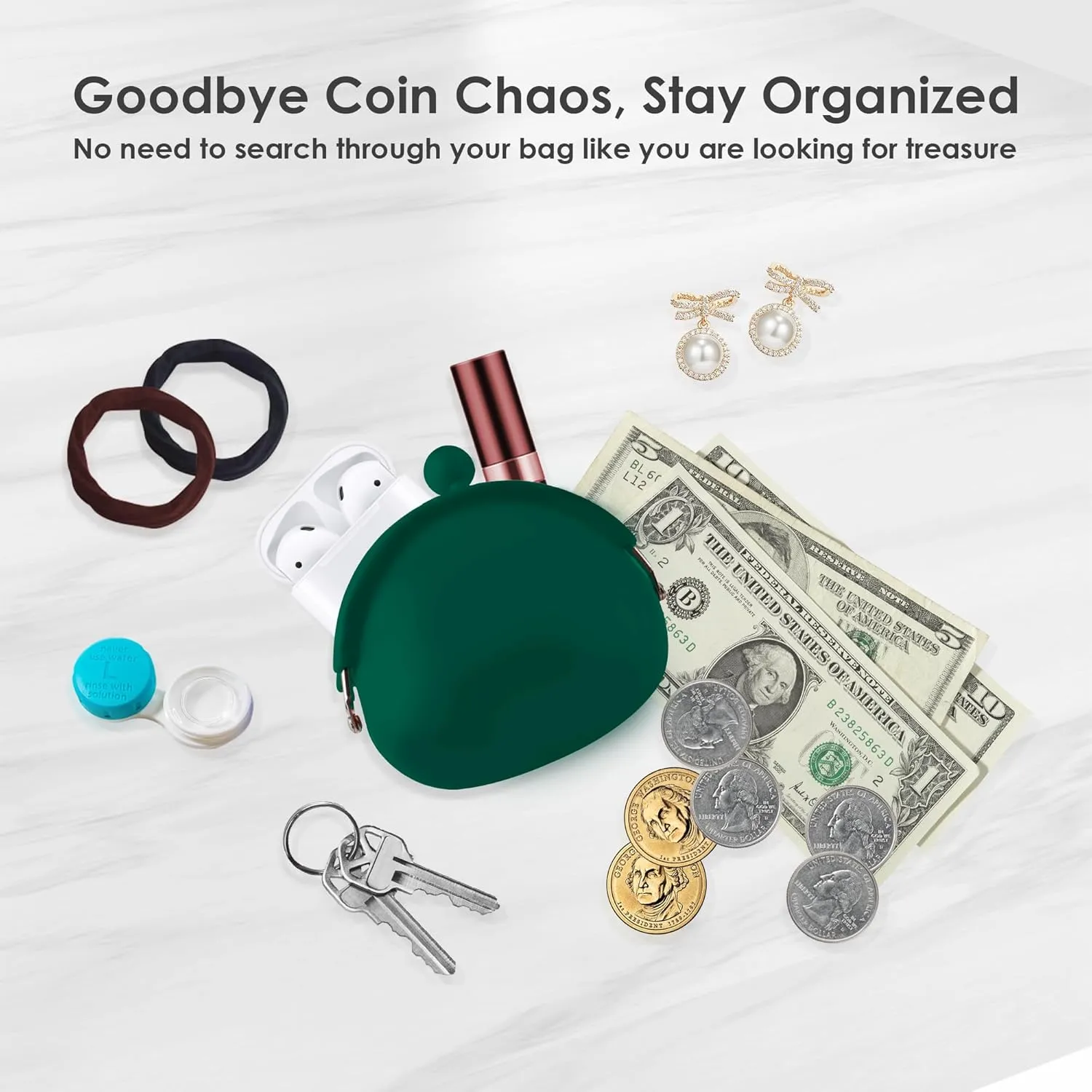 Coin Purse for Women  Silicone Small Coin Pouch with Kiss Lock for Coins, Keys, Lipstick, and Earphones  Mini Cute Change Purse, Coin Purse & Pouch for Daily Life, Cars, Travel, Party (Dark Green)