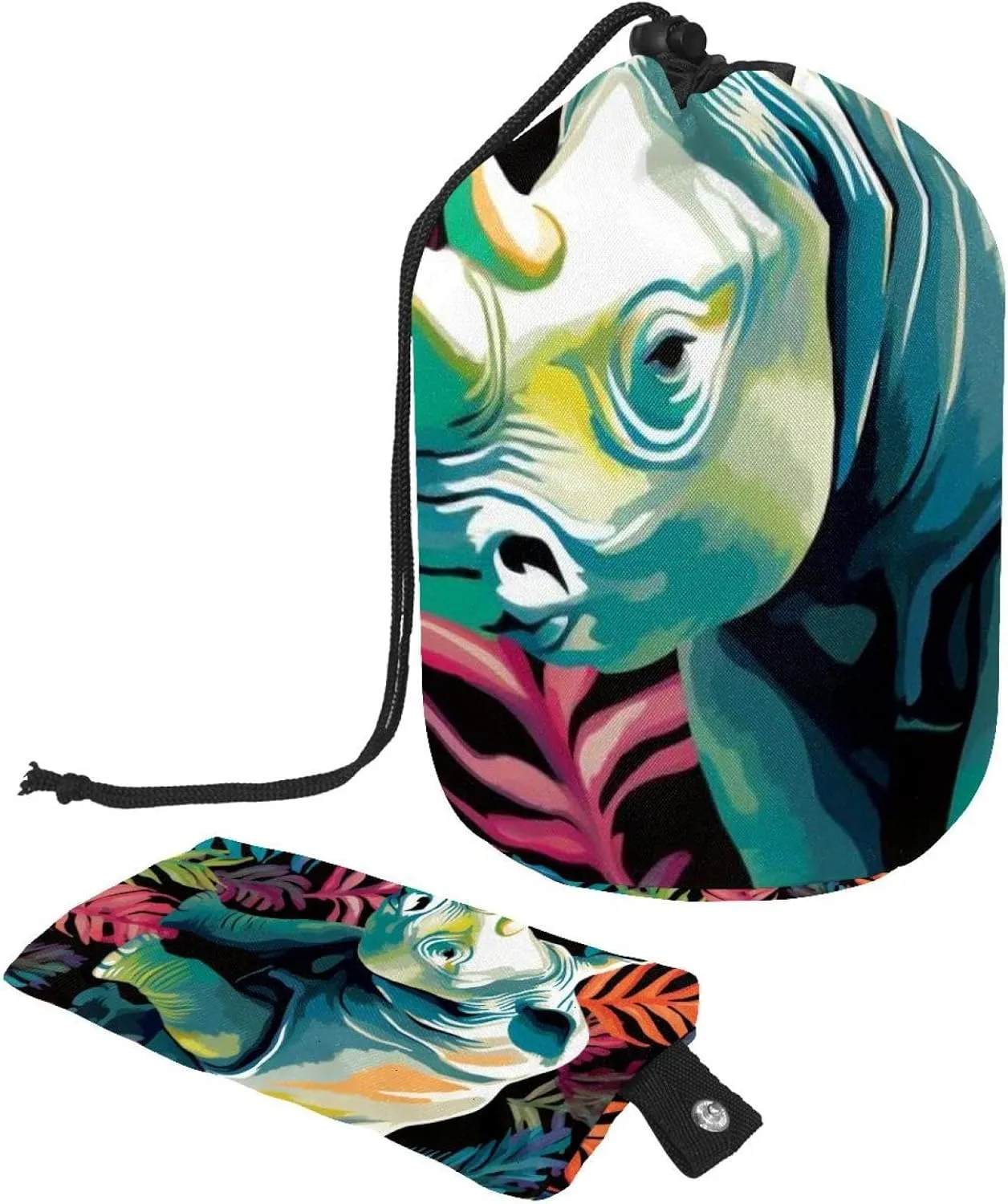 Colorful Animal Rhino 25 Travel Cosmetic Bags Makeup Bag for Women, Foldable Drawstring Travel Cosmetic Bags, Portable Toiletry Bucket Bag