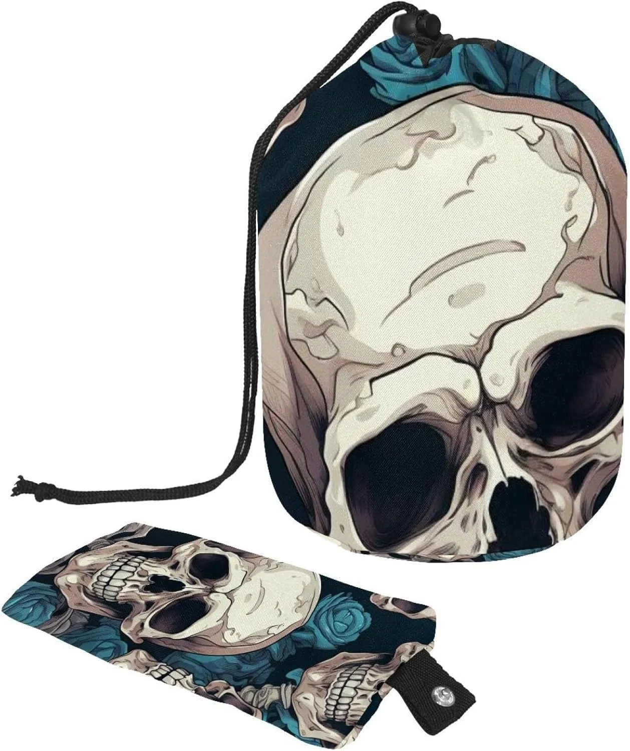 Cool Skull with Blue Roses Travel Cosmetic Bags Makeup Bag for Women, Foldable Drawstring Travel Cosmetic Bags, Portable Toiletry Bucket Bag