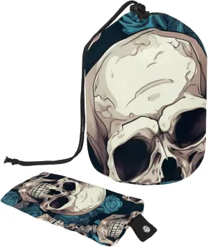 Cool Skull with Blue Roses Travel Cosmetic Bags Makeup Bag for Women, Foldable Drawstring Travel Cosmetic Bags, Portable Toiletry Bucket Bag