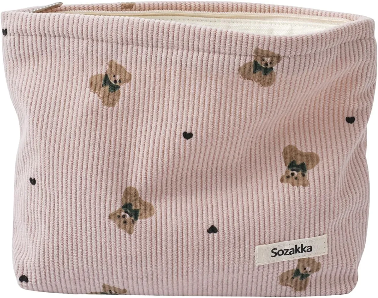 Corduroy Travel Makeup Bag with Bear Pattern, Cosmetic Bag for Purse Organizer, Toiletry Bag with Zipper For Women Travel Essentials(01Pink)