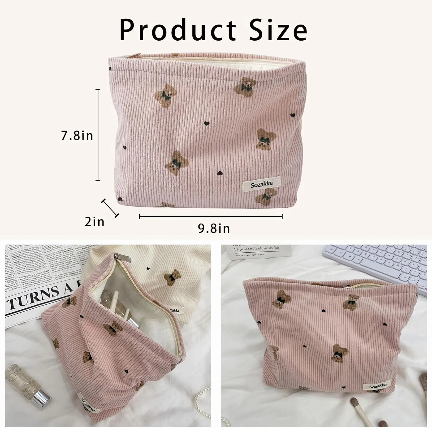 Corduroy Travel Makeup Bag with Bear Pattern, Cosmetic Bag for Purse Organizer, Toiletry Bag with Zipper For Women Travel Essentials(01Pink)