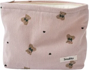Corduroy Travel Makeup Bag with Bear Pattern, Cosmetic Bag for Purse Organizer, Toiletry Bag with Zipper For Women Travel Essentials(01Pink)