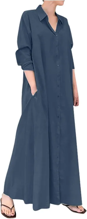 Cotton Linen Dresses for Women,2024 Summer Trendy Lapel Button Down Maxi Dress,Casual Loose Long Sleeve Beach Dress