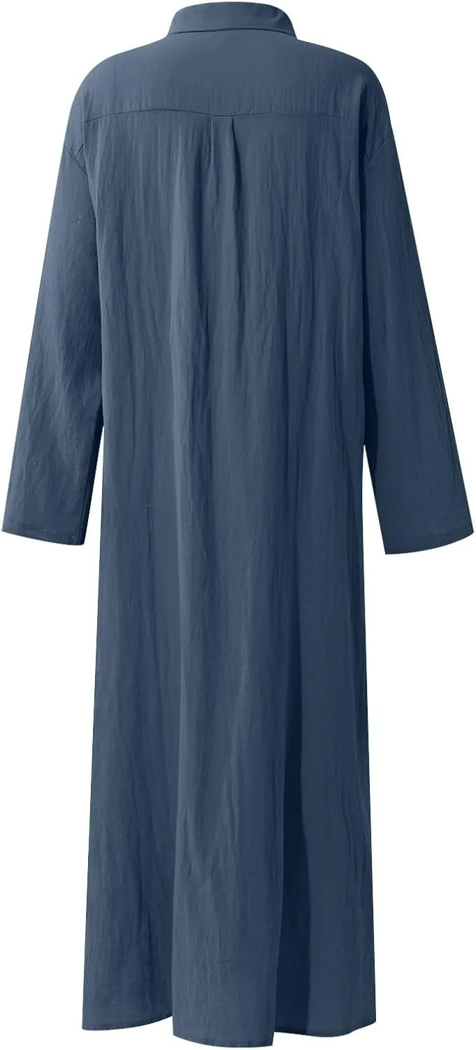 Cotton Linen Dresses for Women,2024 Summer Trendy Lapel Button Down Maxi Dress,Casual Loose Long Sleeve Beach Dress