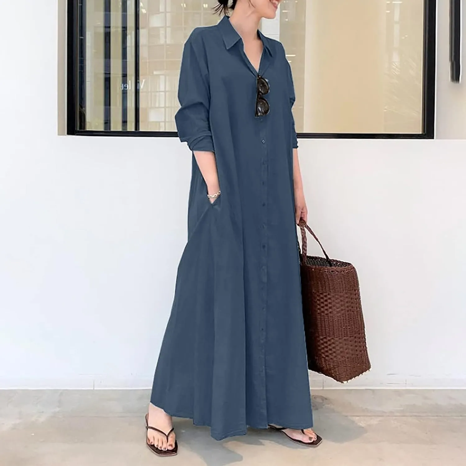 Cotton Linen Dresses for Women,2024 Summer Trendy Lapel Button Down Maxi Dress,Casual Loose Long Sleeve Beach Dress