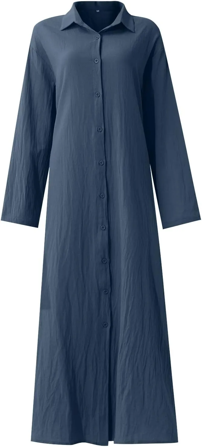 Cotton Linen Dresses for Women,2024 Summer Trendy Lapel Button Down Maxi Dress,Casual Loose Long Sleeve Beach Dress