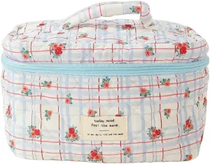 Cotton Quilted Travel Makeup Bag Women Girls Floral Graphic Coquette Large Cosmetic Toiletry Bags Cute Aesthetic Case Organizer Kits (Large06#Floral)