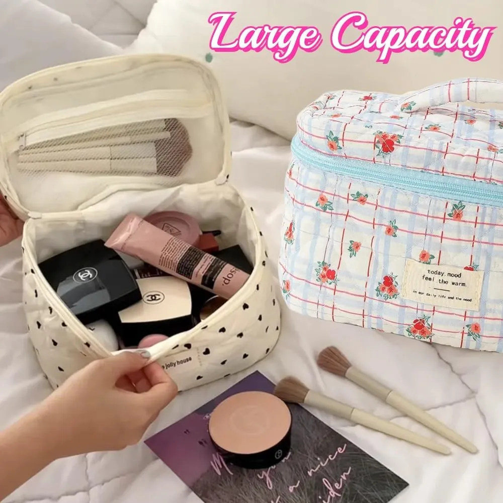 Cotton Quilted Travel Makeup Bag Women Girls Floral Graphic Coquette Large Cosmetic Toiletry Bags Cute Aesthetic Case Organizer Kits (Large06#Floral)