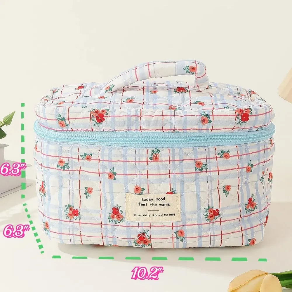 Cotton Quilted Travel Makeup Bag Women Girls Floral Graphic Coquette Large Cosmetic Toiletry Bags Cute Aesthetic Case Organizer Kits (Large06#Floral)