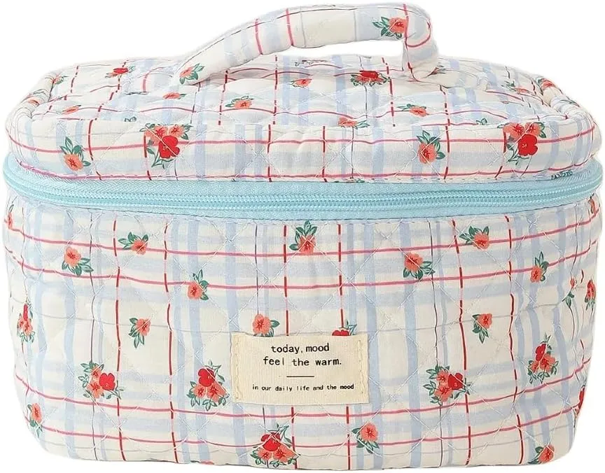 Cotton Quilted Travel Makeup Bag Women Girls Floral Graphic Coquette Large Cosmetic Toiletry Bags Cute Aesthetic Case Organizer Kits (Large06#Floral)