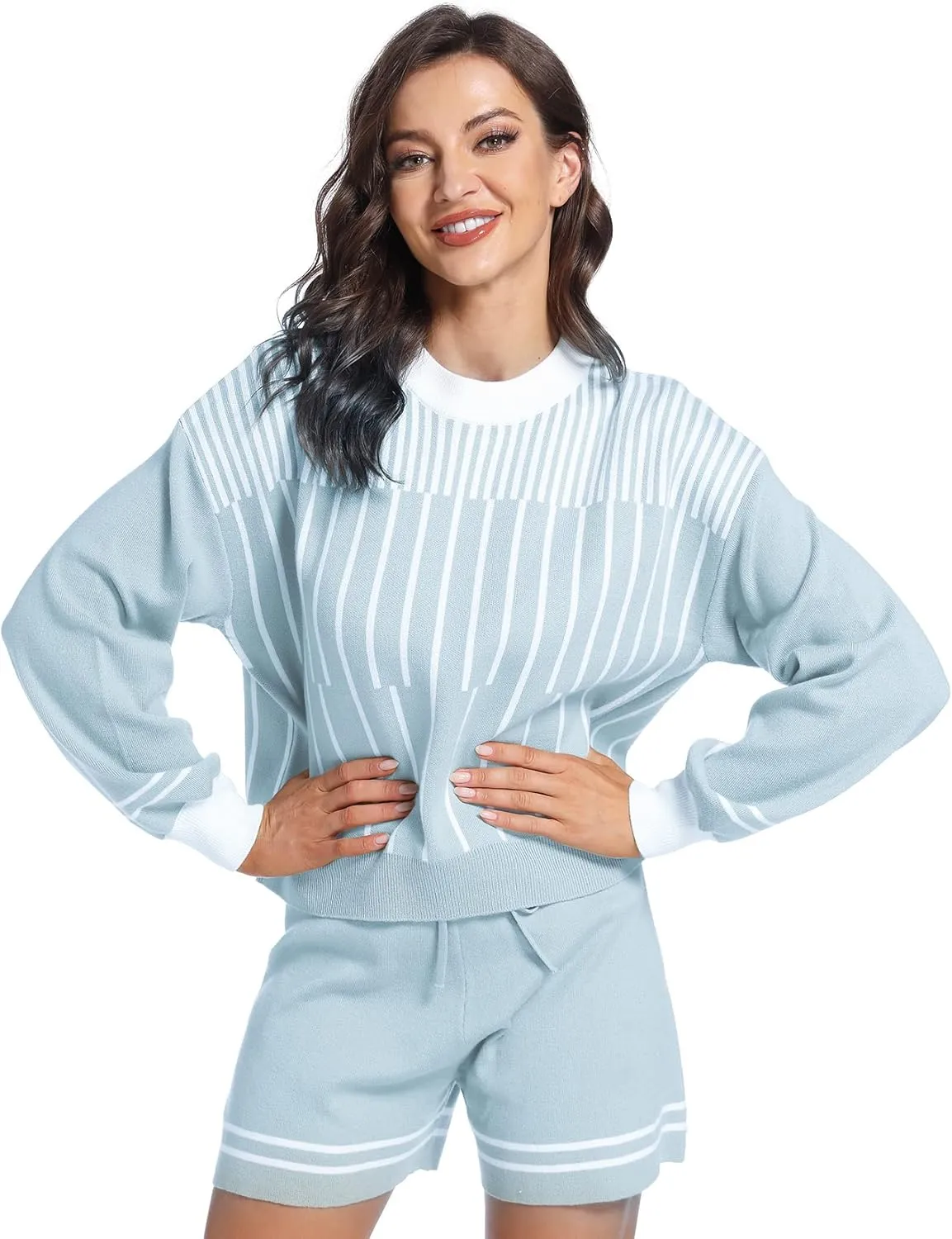 COZYPOIN Women's 2 Piece Outfits Striped Knit Crewneck Pullover Sweater Shorts Set with Drawstring Loungewear