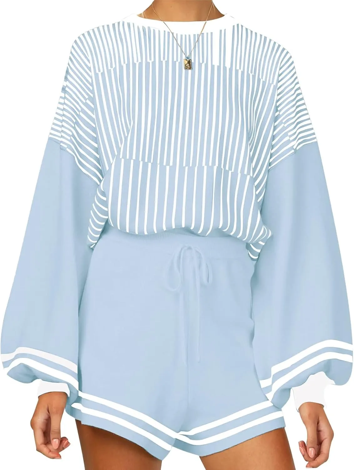 COZYPOIN Women's 2 Piece Outfits Striped Knit Crewneck Pullover Sweater Shorts Set with Drawstring Loungewear