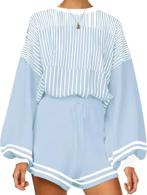 COZYPOIN Women's 2 Piece Outfits Striped Knit Crewneck Pullover Sweater Shorts Set with Drawstring Loungewear