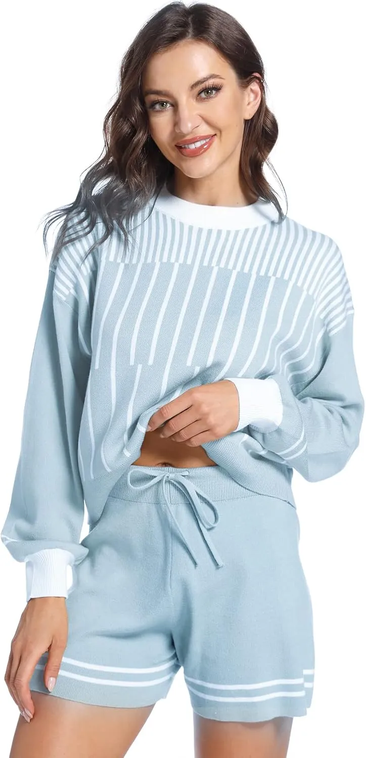 COZYPOIN Women's 2 Piece Outfits Striped Knit Crewneck Pullover Sweater Shorts Set with Drawstring Loungewear