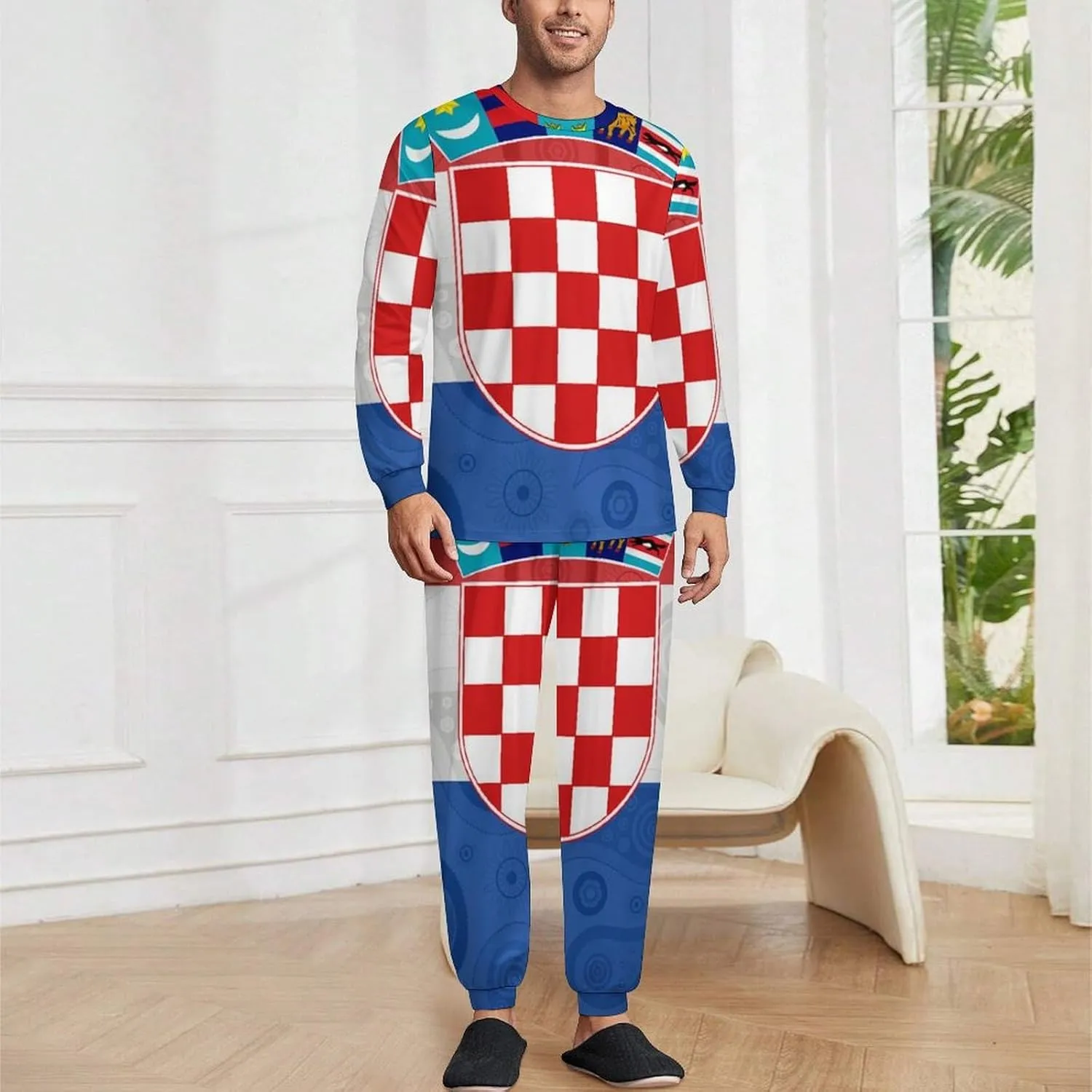 Croatia Paisley Croatian Men's Pajamas Set Crew Neck Sleepwear Sets Top And Bottom Pjs Set Long Sleeve Loungewear