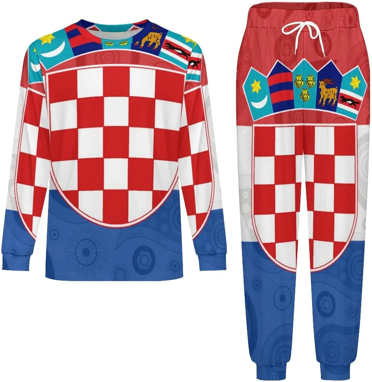 Croatia Paisley Croatian Men's Pajamas Set Crew Neck Sleepwear Sets Top And Bottom Pjs Set Long Sleeve Loungewear
