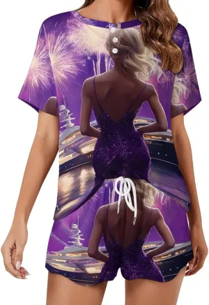 Cruise Ship Women Prints Pajamas for Women Set Short Sleeve Top And Shorts Lounge Sleepwear Loungewear 2Pcs Pj Sets