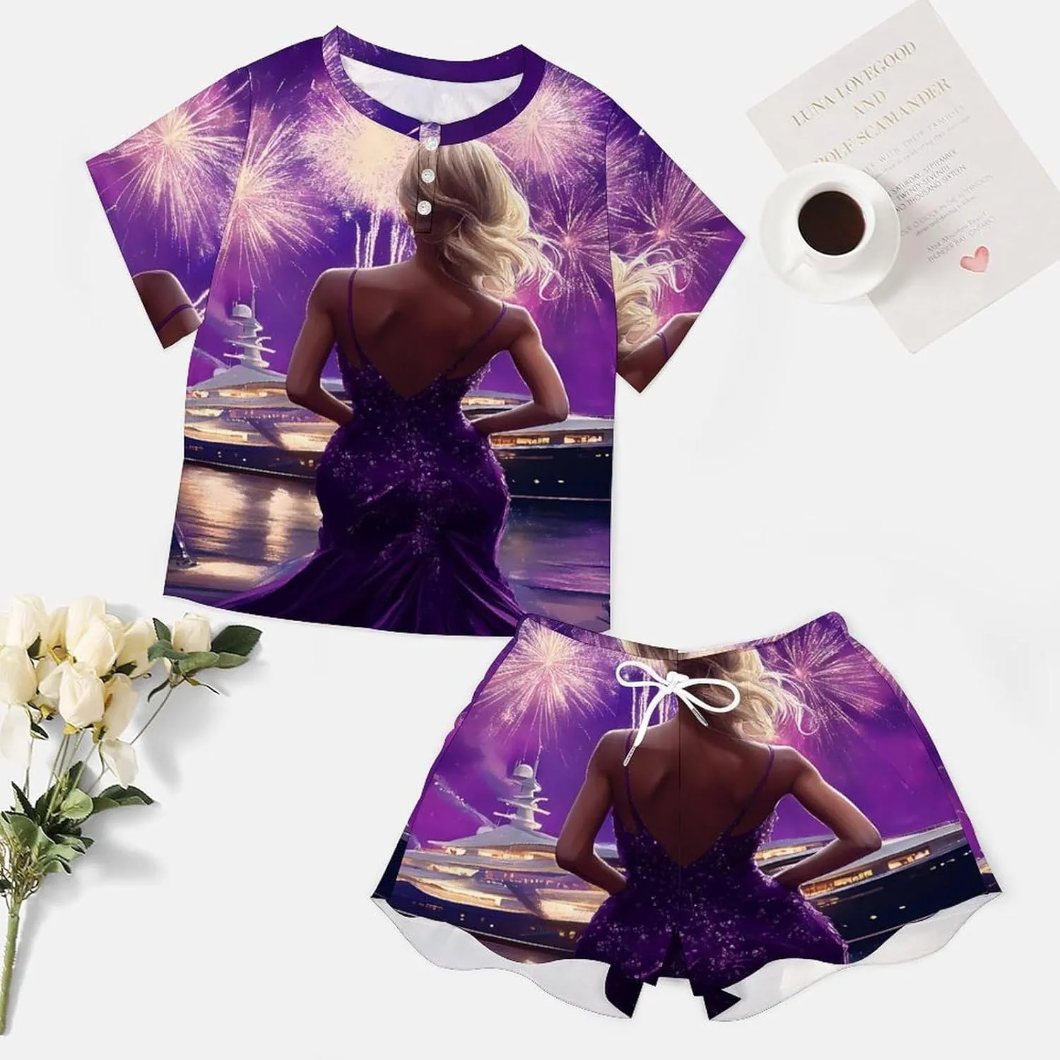 Cruise Ship Women Prints Pajamas for Women Set Short Sleeve Top And Shorts Lounge Sleepwear Loungewear 2Pcs Pj Sets
