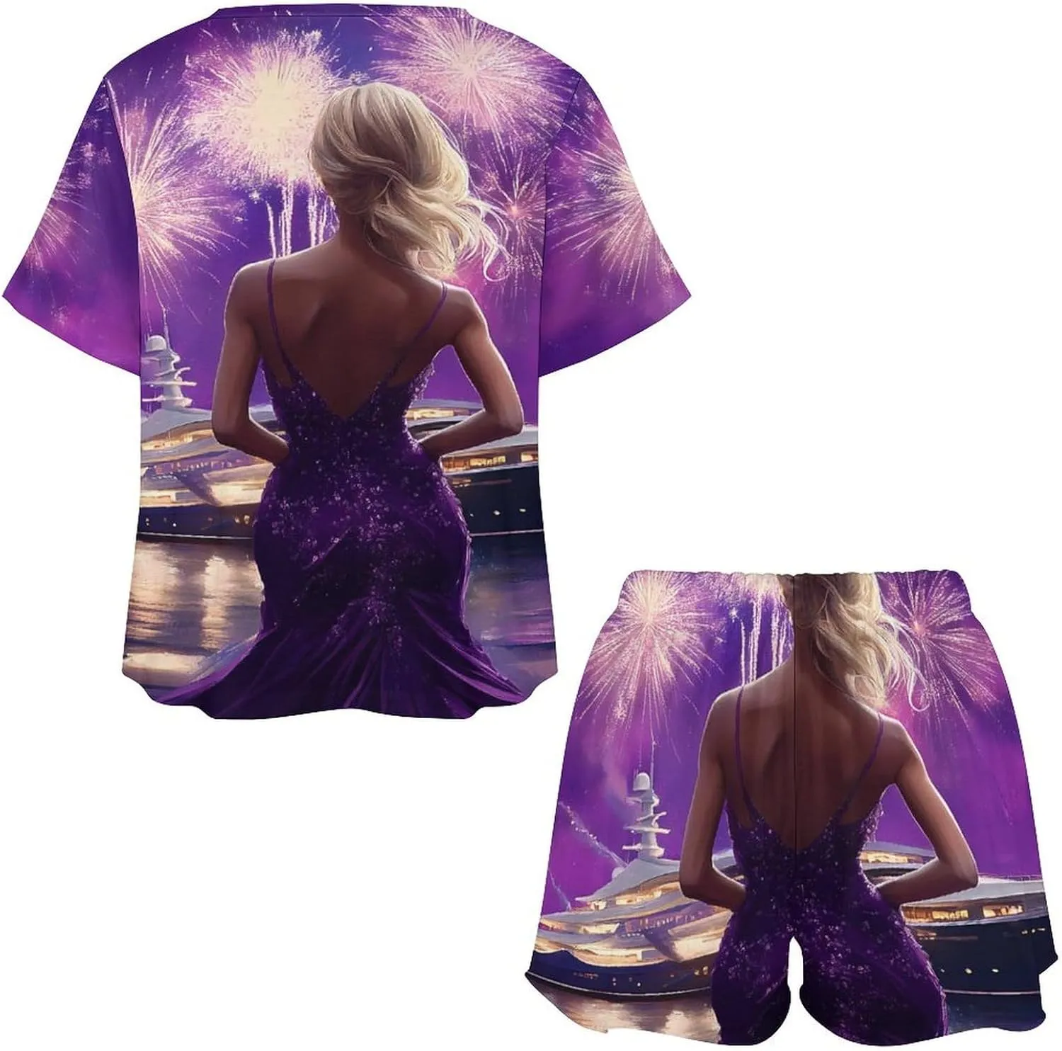 Cruise Ship Women Prints Pajamas for Women Set Short Sleeve Top And Shorts Lounge Sleepwear Loungewear 2Pcs Pj Sets