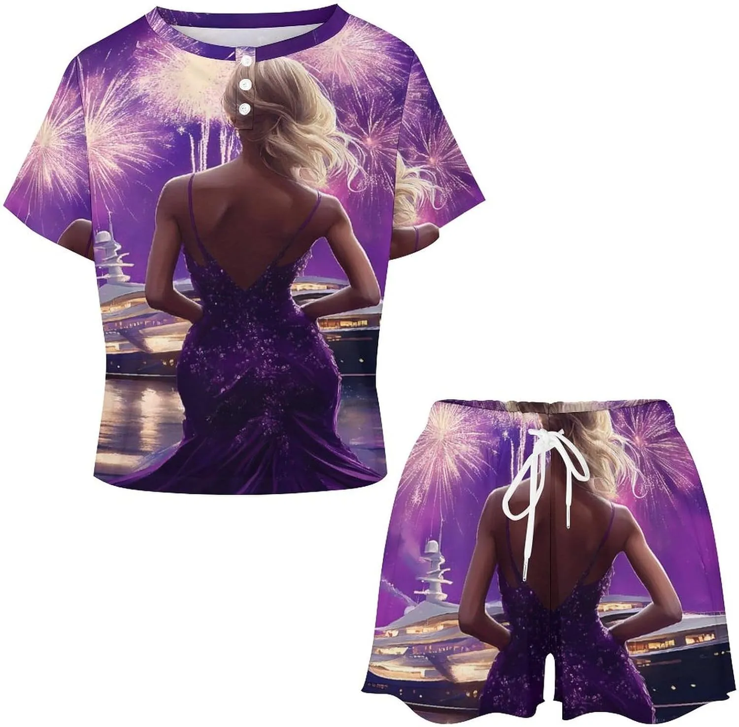 Cruise Ship Women Prints Pajamas for Women Set Short Sleeve Top And Shorts Lounge Sleepwear Loungewear 2Pcs Pj Sets