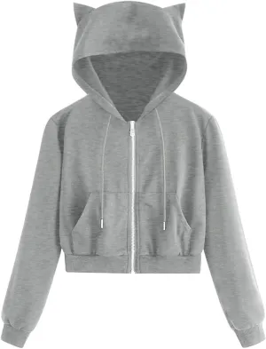 Cute Cat Ear Hoodies for Women Teen Girls Y2K Crop Tops Zip Up Long Sleeve Drawstring Hooded Jackets with Pockets