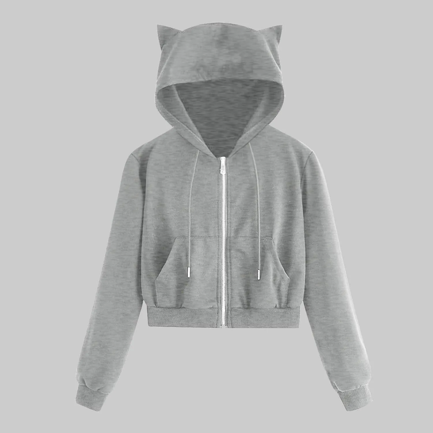 Cute Cat Ear Hoodies for Women Teen Girls Y2K Crop Tops Zip Up Long Sleeve Drawstring Hooded Jackets with Pockets