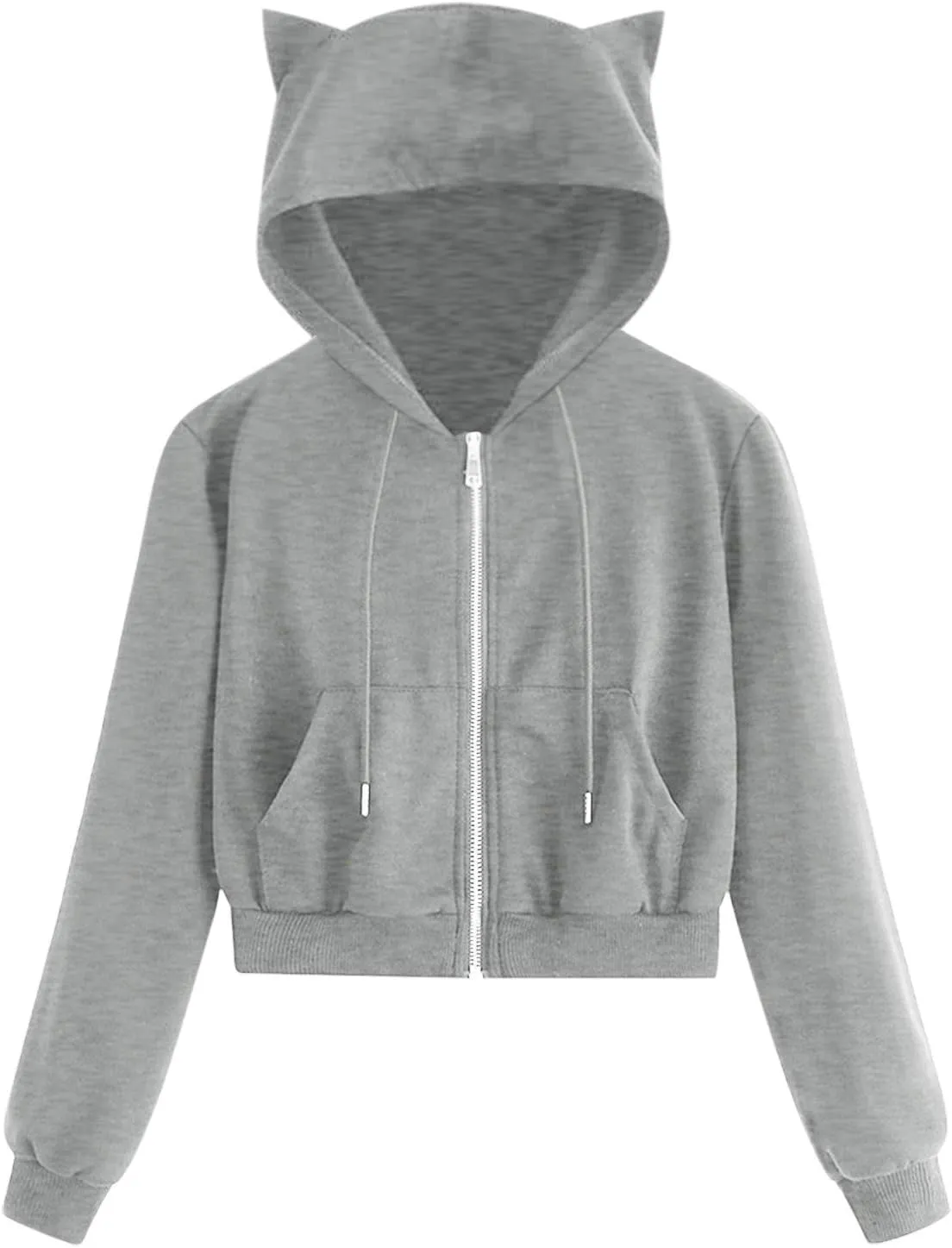 Cute Cat Ear Hoodies for Women Teen Girls Y2K Crop Tops Zip Up Long Sleeve Drawstring Hooded Jackets with Pockets
