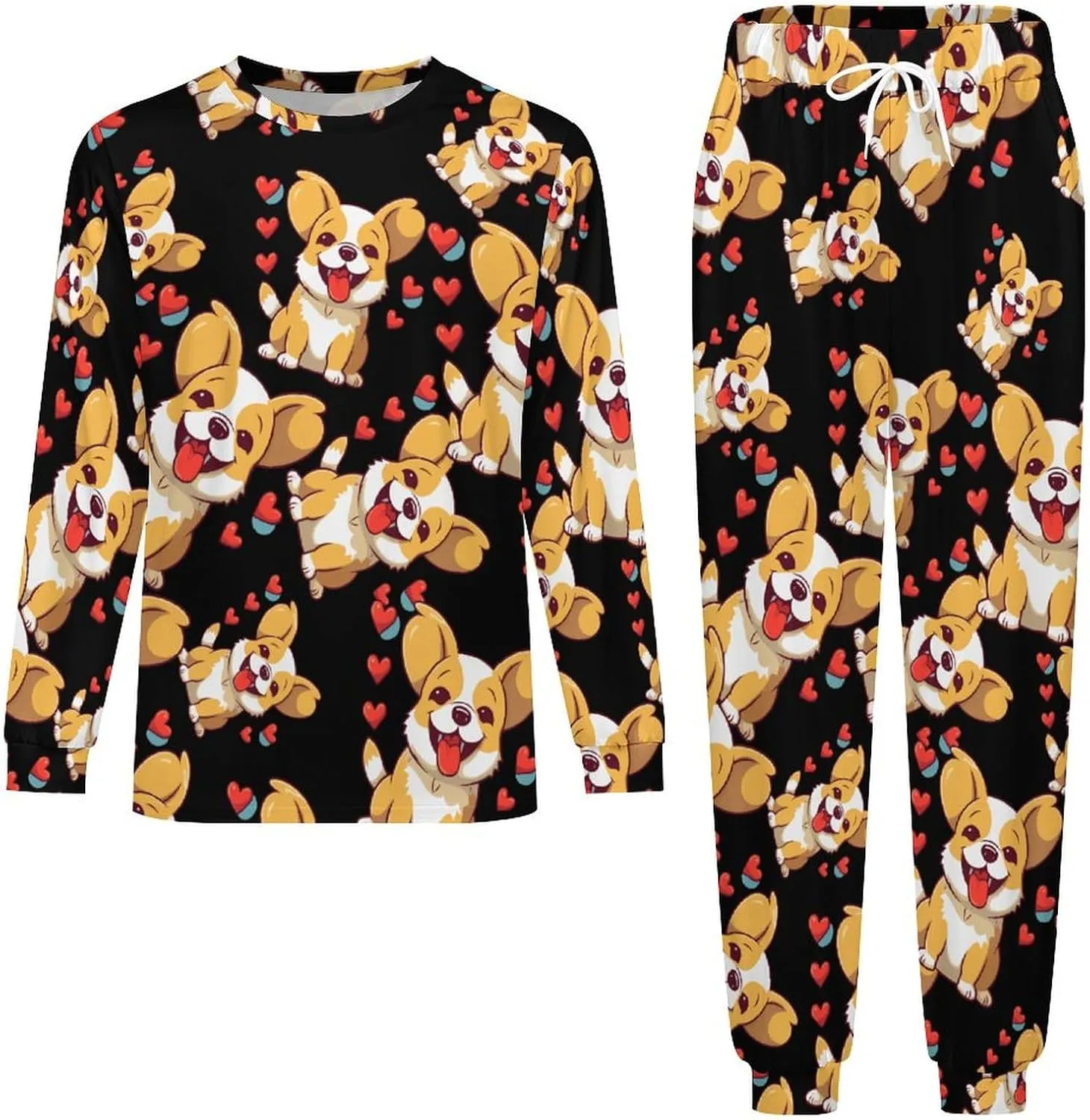 Cute Corgi Love Mens Pajamas Set Long Sleeve Sleepwear Set Soft Underwear Set Loungewear
