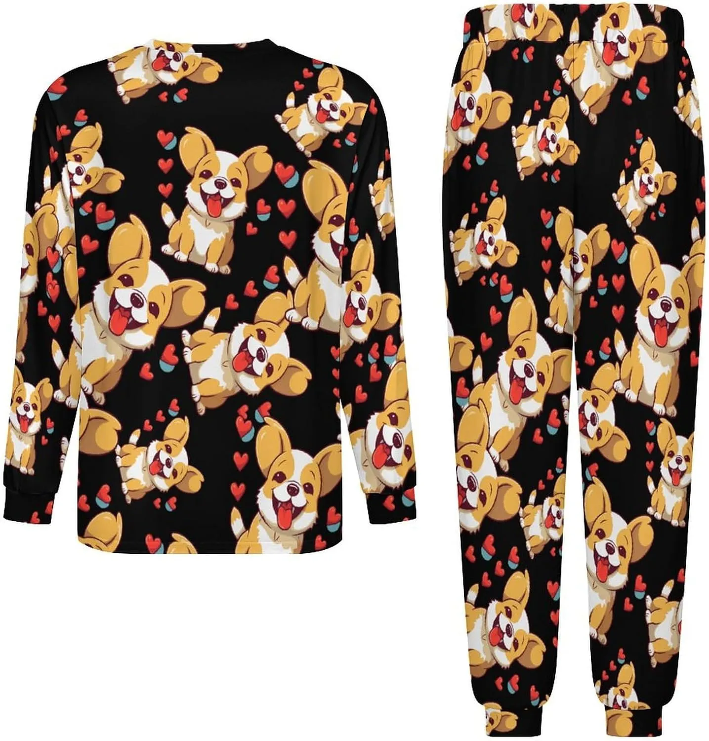 Cute Corgi Love Mens Pajamas Set Long Sleeve Sleepwear Set Soft Underwear Set Loungewear